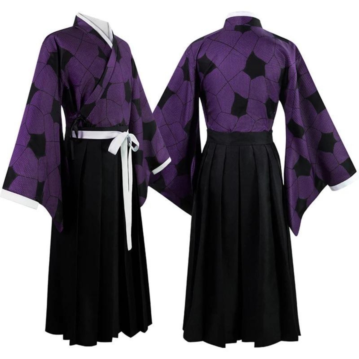 Back view of Kokushibo Demon Slayer cosplay outfit showing traditional kimono layers and silhouette, cosplay villano Kimetsu no Yaiba, Upper Moon One costume