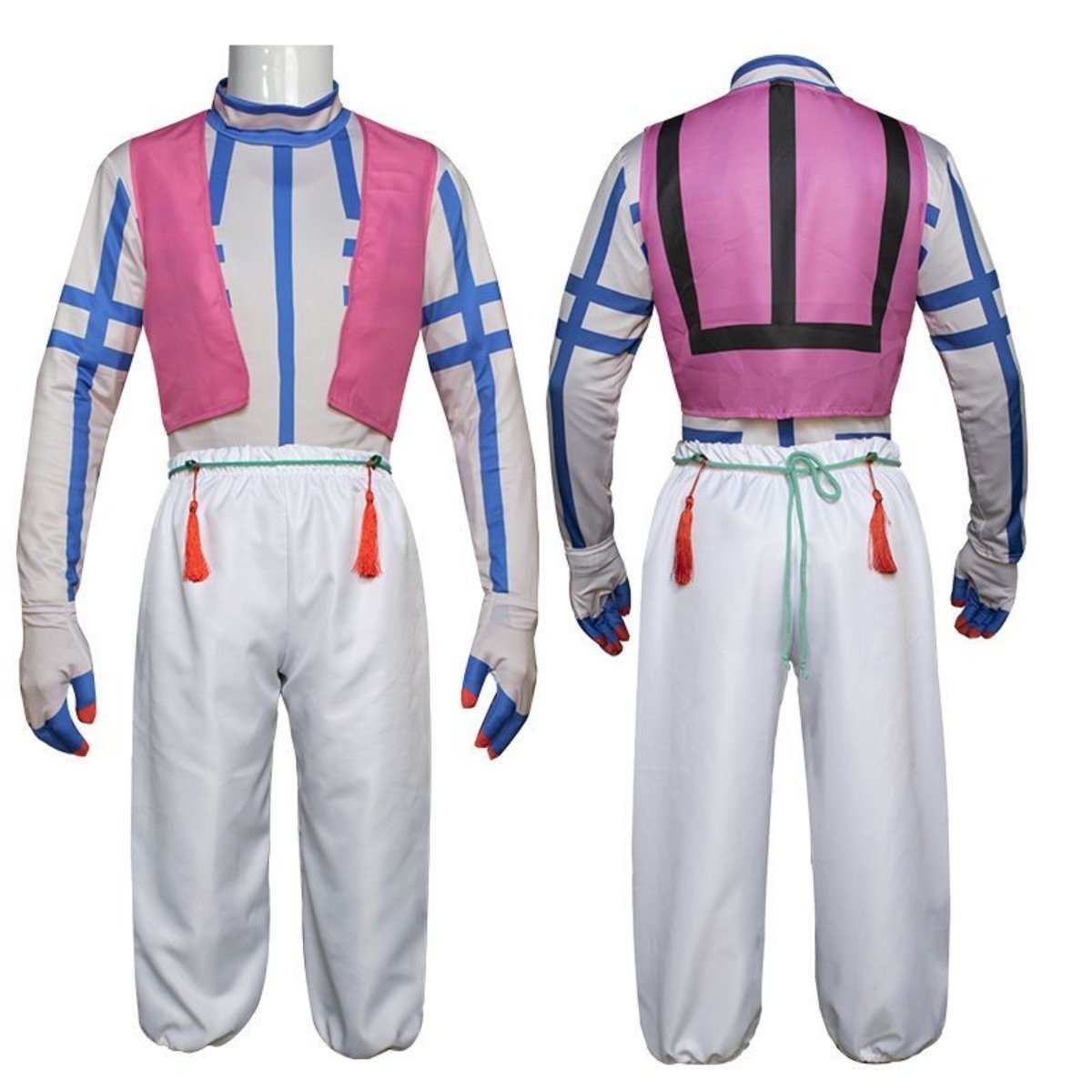 Back view of Akaza Demon Slayer cosplay costume showing muscle fit and stripe patterns, Upper Rank Three villain cosplay, cosplay Kimetsu no Yaiba