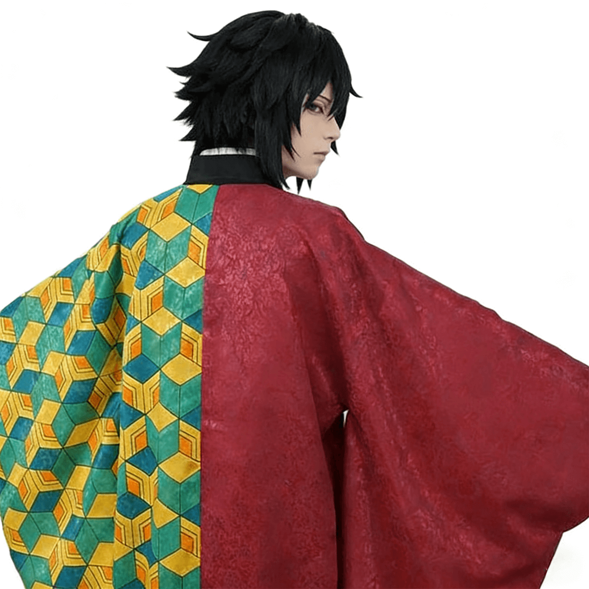 Back view of Giyu Tomioka cosplay costume showing half-patterned haori design, Water Hashira outfit from Demon Slayer, cosplay Kimetsu no Yaiba