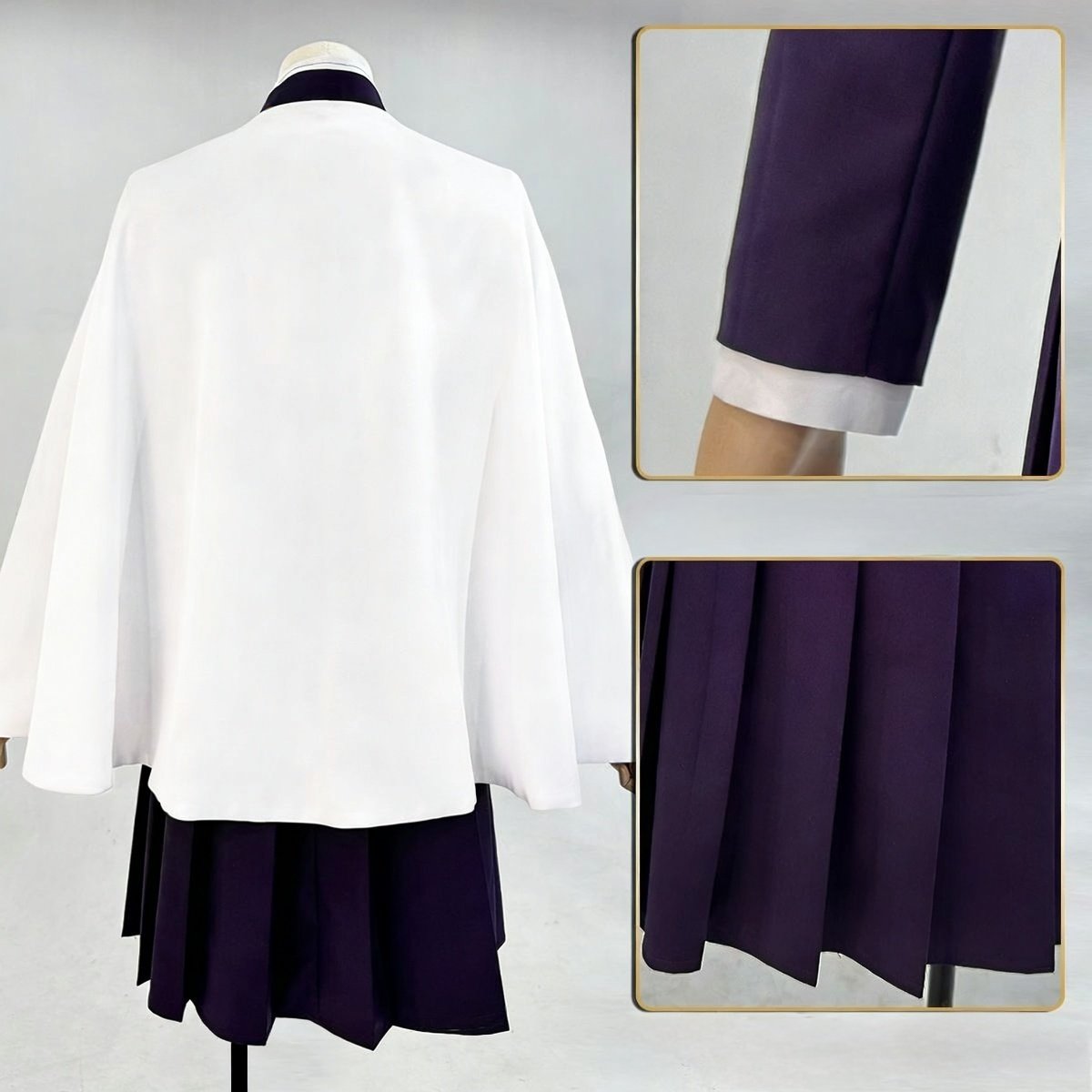 Back view of Kanao Tsuyuri cosplay costume showing cape and uniform silhouette, Demon Slayer female cosplay, cosplay Kimetsu no Yaiba