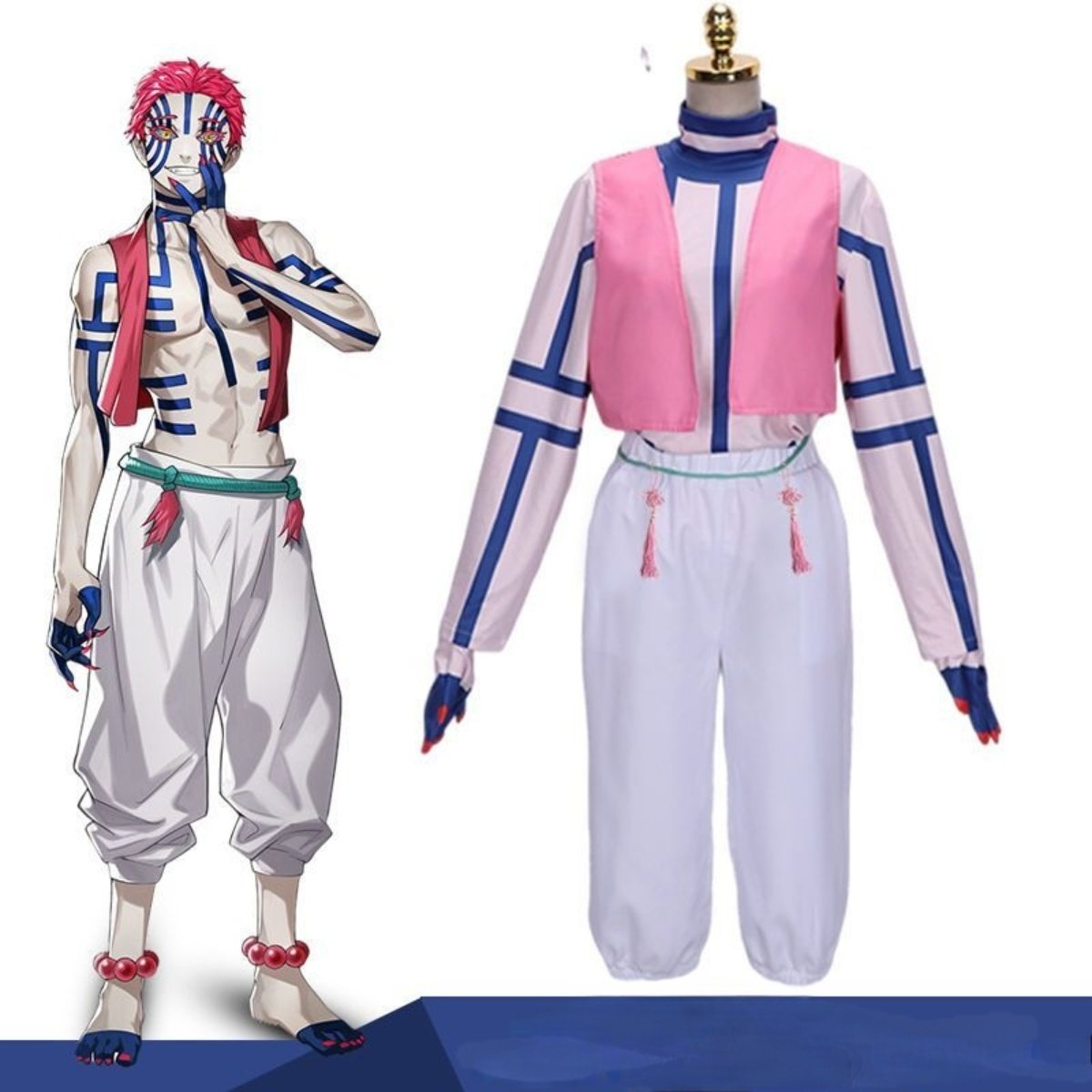 Anime vs costume comparison of Akaza cosplay from Demon Slayer Kimetsu no Yaiba, Upper Moon Three accuracy, disfraz anime japonés