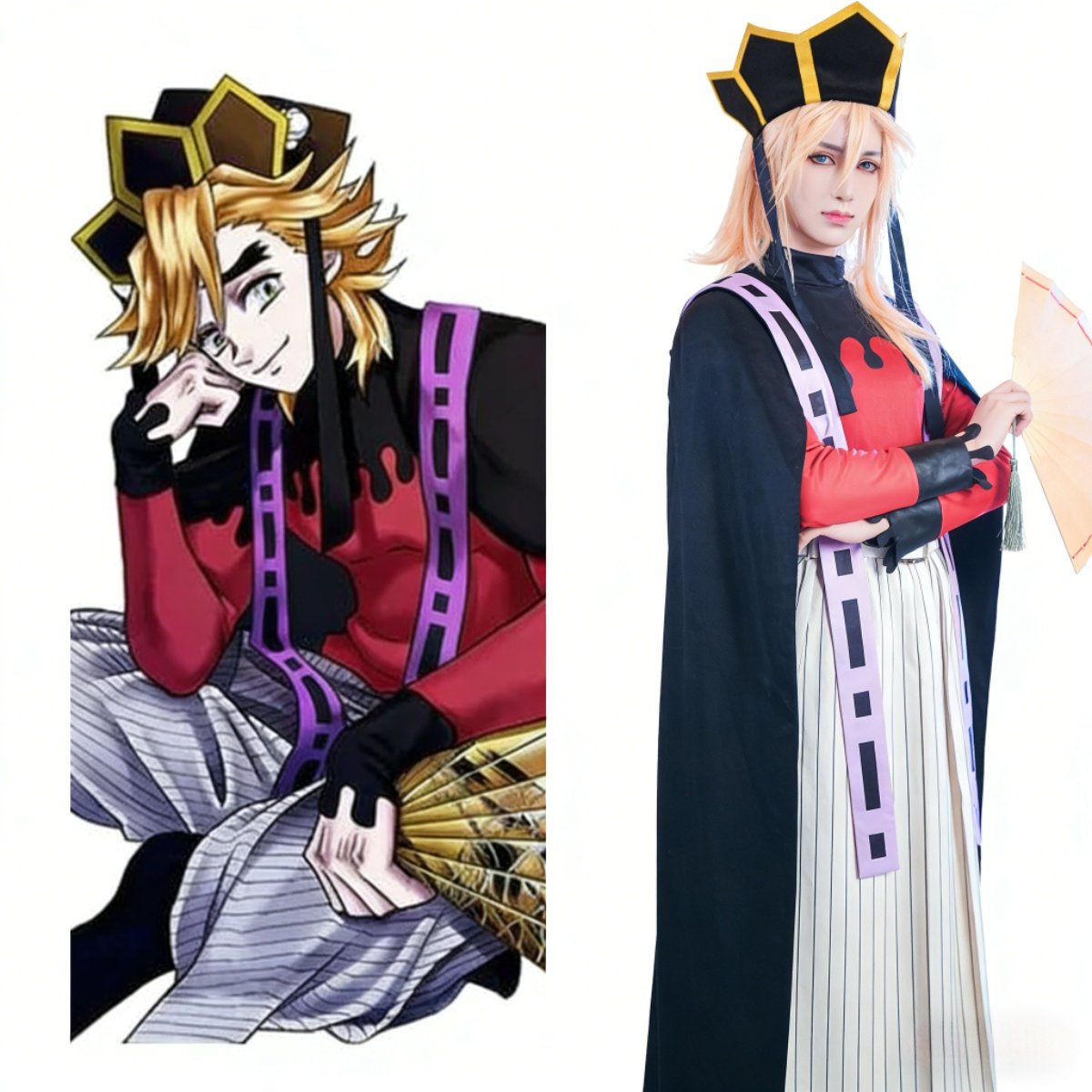 Anime vs costume comparison of Doma cosplay from Demon Slayer Kimetsu no Yaiba, Upper Moon Two accuracy, disfraz anime japonés