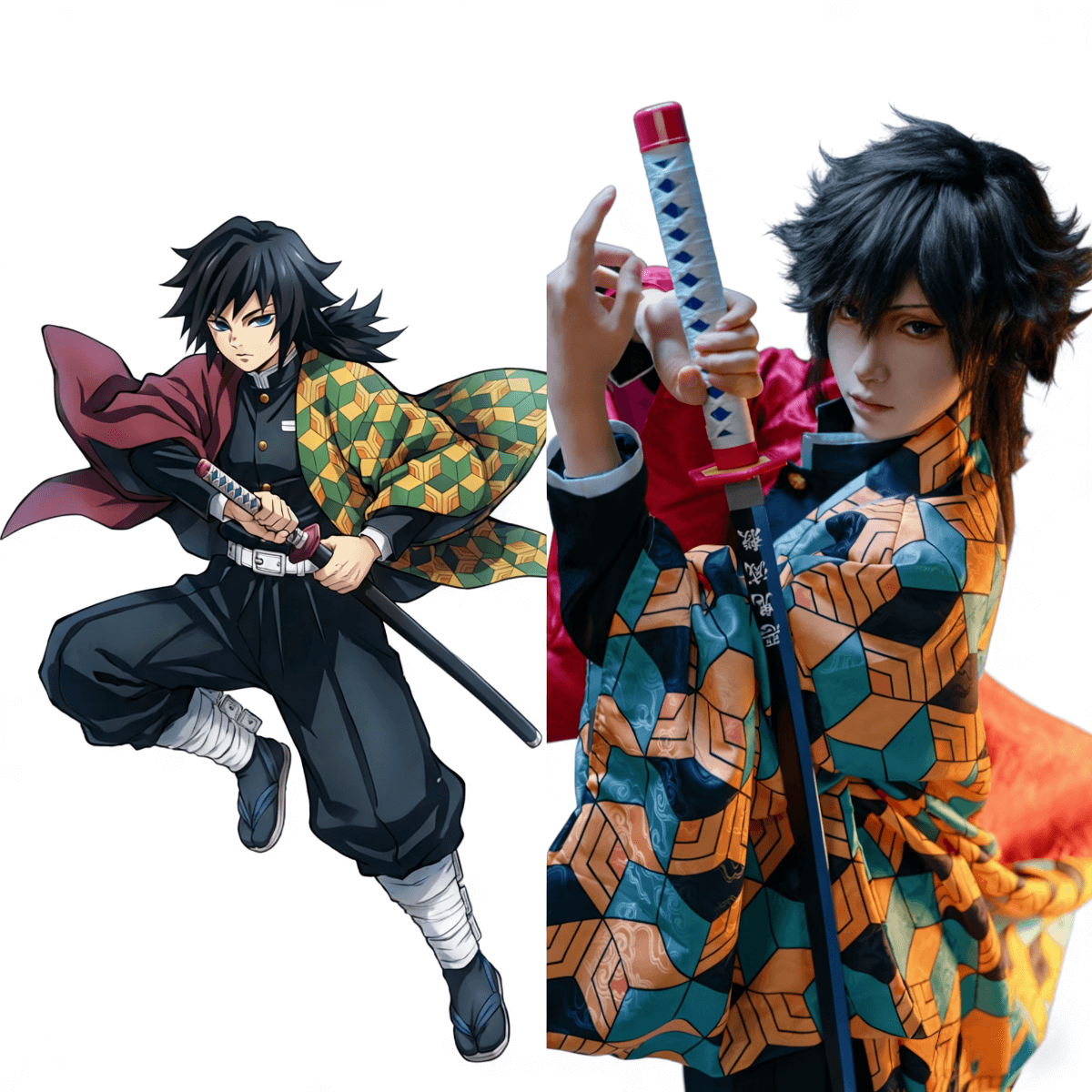 Anime vs costume comparison of Giyu Tomioka cosplay from Demon Slayer Kimetsu no Yaiba, accurate Water Hashira character design, disfraz anime