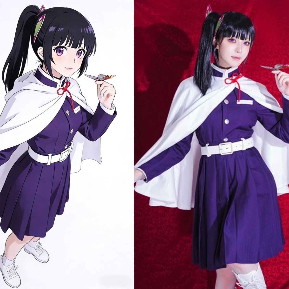 Anime vs costume comparison of Kanao Tsuyuri cosplay from Demon Slayer Kimetsu no Yaiba, accurate anime character design, disfraz anime japonés