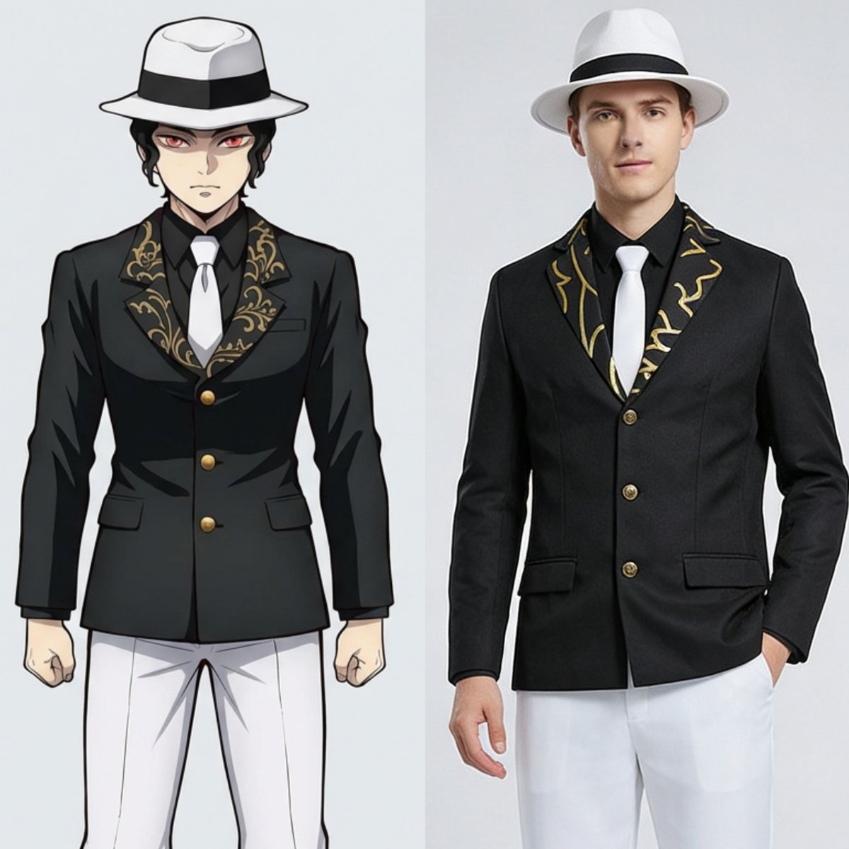 Anime vs costume comparison of Muzan Kibutsuji cosplay outfit, disfraz Kimetsu no Yaiba