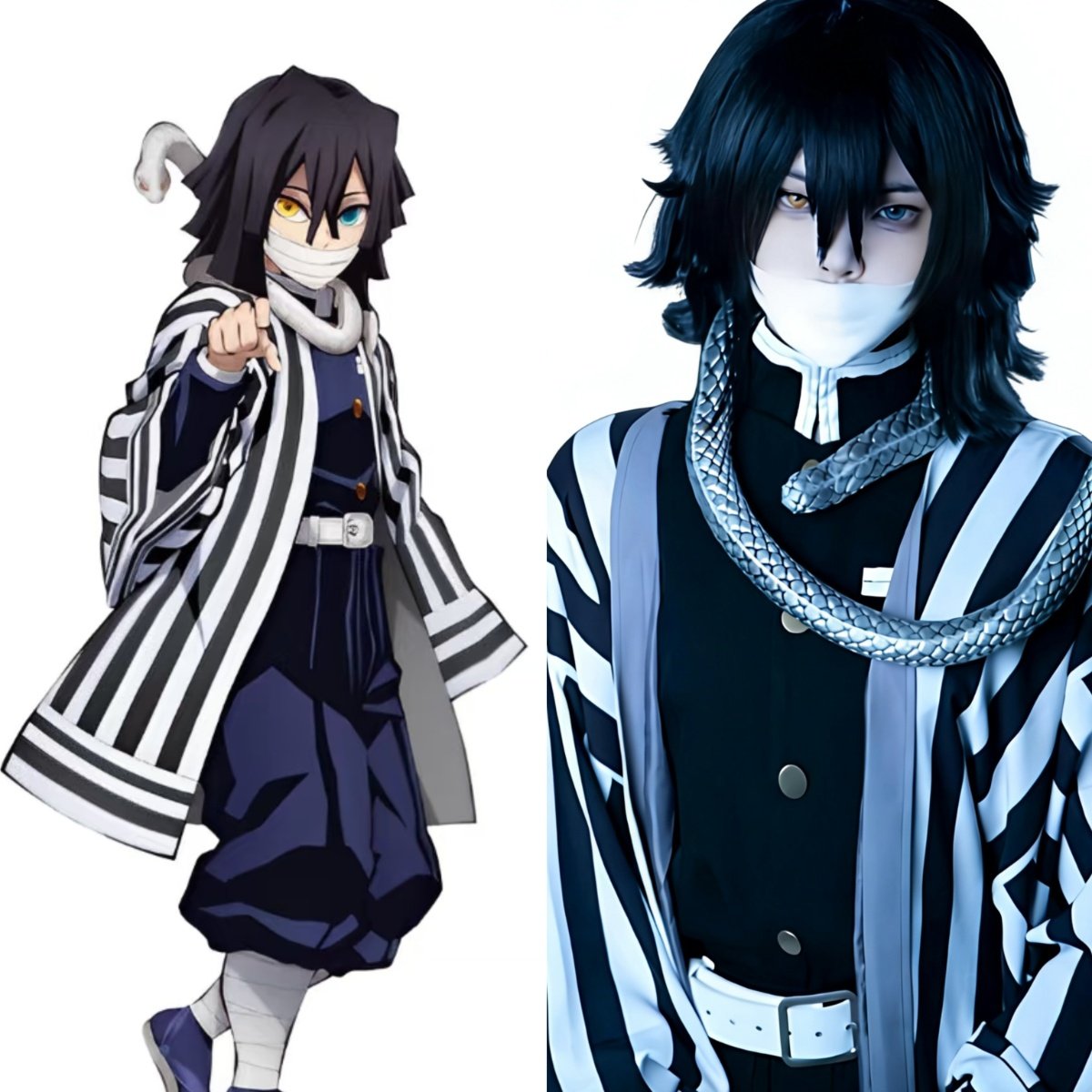 Anime vs costume comparison of Obanai Iguro cosplay from Demon Slayer Kimetsu no Yaiba, accurate Serpent Hashira character design, disfraz anime