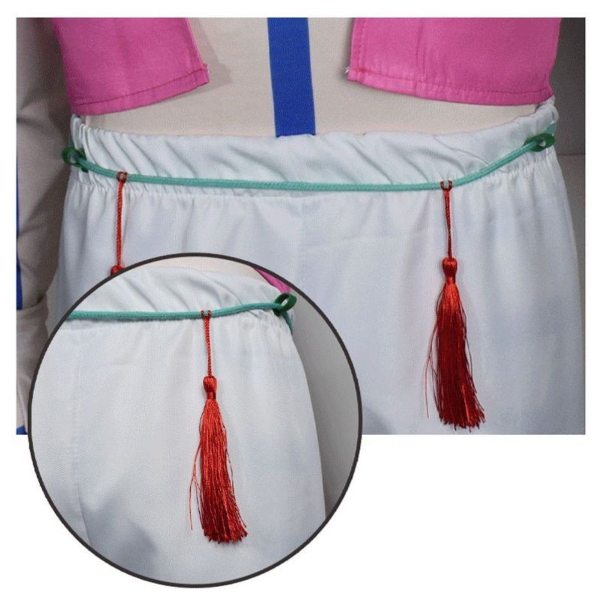 Close-up detail of fabric texture and blue stripe pattern on Akaza Demon Slayer cosplay costume, cosplay villano anime