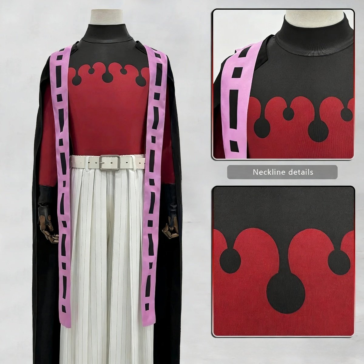 Close-up fabric texture and pattern details of Doma Demon Slayer cosplay costume inspired by traditional Japanese style, cosplay villano anime