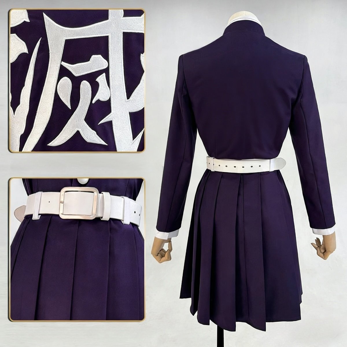 Close-up detail of fabric texture and uniform design on Kanao Tsuyuri Demon Slayer cosplay costume, cosplay femenino anime
