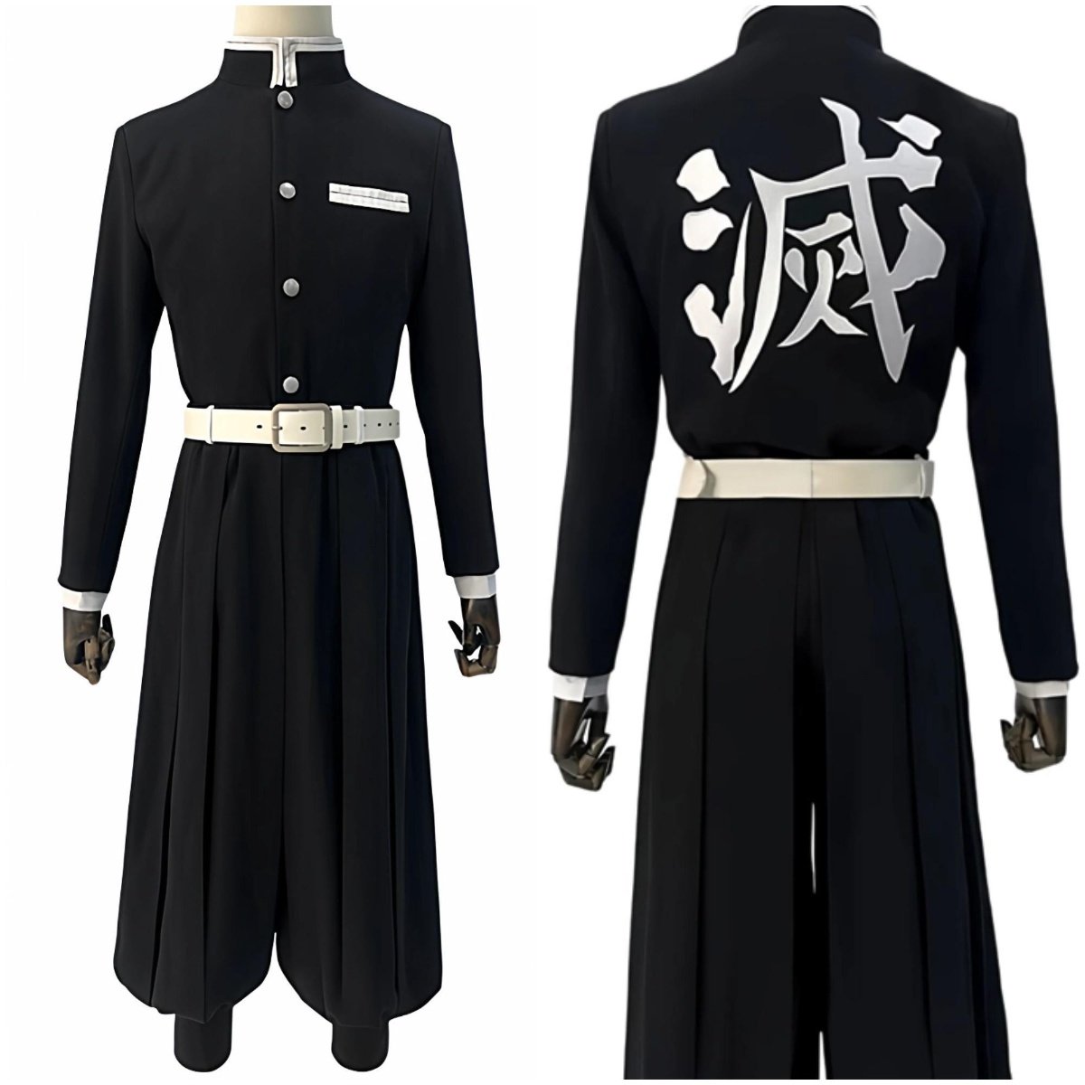 Back view of Obanai Iguro cosplay costume showing black and white haori pattern, Serpent Hashira outfit from Demon Slayer, cosplay Kimetsu no Yaiba