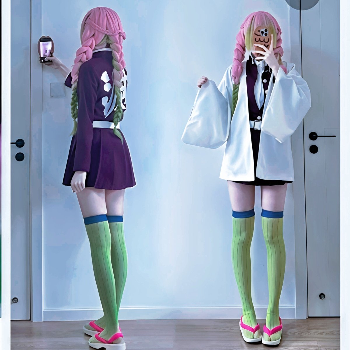 Mitsuri Kanroji cosplay costume worn by model for anime conventions and cosplay photoshoots, Demon Slayer Love Hashira cosplay, disfraz cosplay