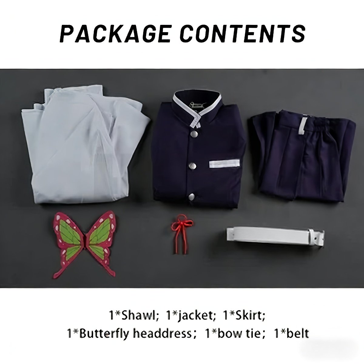 Complete set of Kanao Tsuyuri cosplay costume including uniform and accessories inspired by Demon Slayer Kimetsu no Yaiba, disfraz de anime