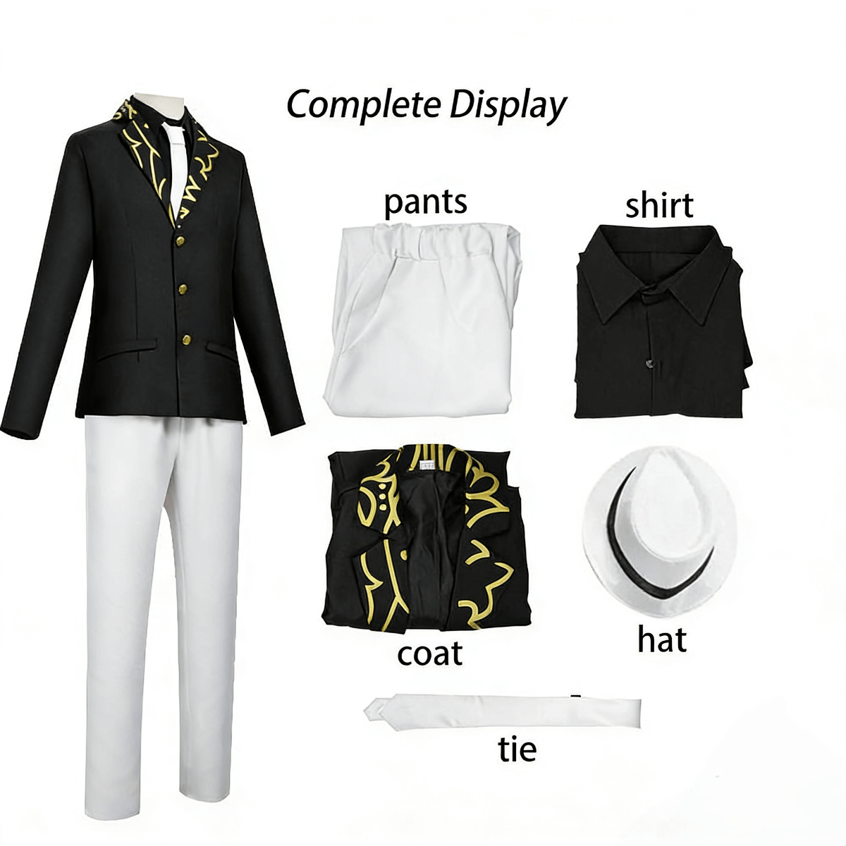 Full set of items included in Muzan Kibutsuji cosplay costume including suit and accessories, disfraz de anime