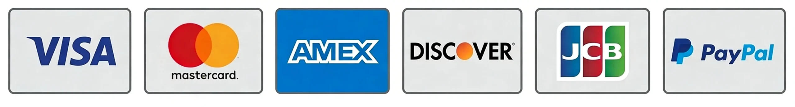 Secure payment methods: PayPal, Visa, Mastercard, Amex, JCB, Discover