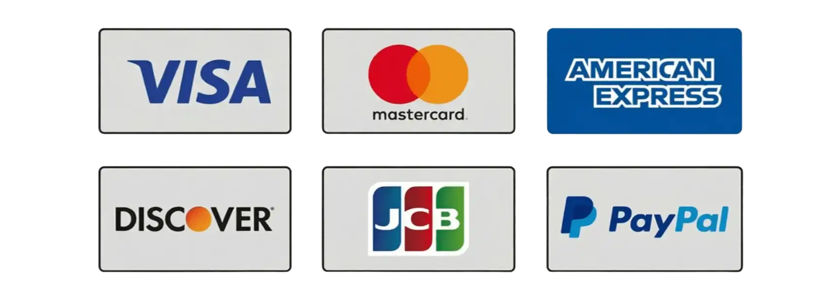 Secure payment methods including PayPal, Visa, Mastercard, and American Express