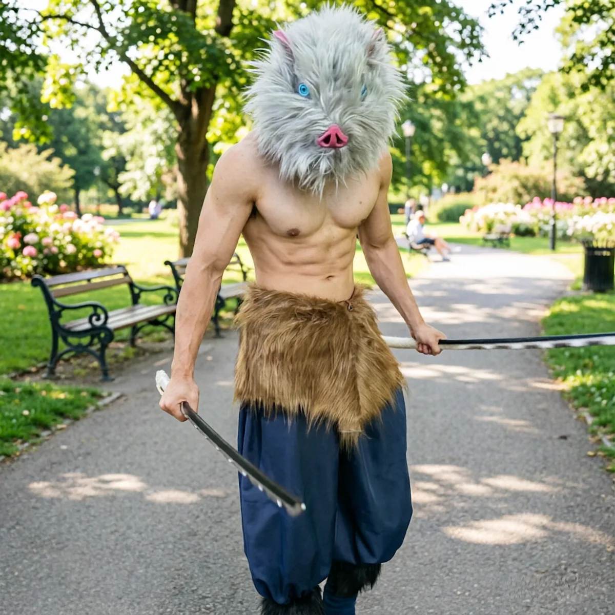 Inosuke cosplay outdoor photoshoot Demon Slayer Kimetsu no Yaiba anime fighter costume natural scene traje Inosuke exterior