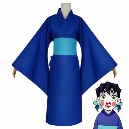 Inosuke Hashibira dark blue oiran cosplay costume full body front view Demon Slayer Kimetsu no Yaiba accurate version plain kimono braids hairstyle anime crossplay traje Inosuke