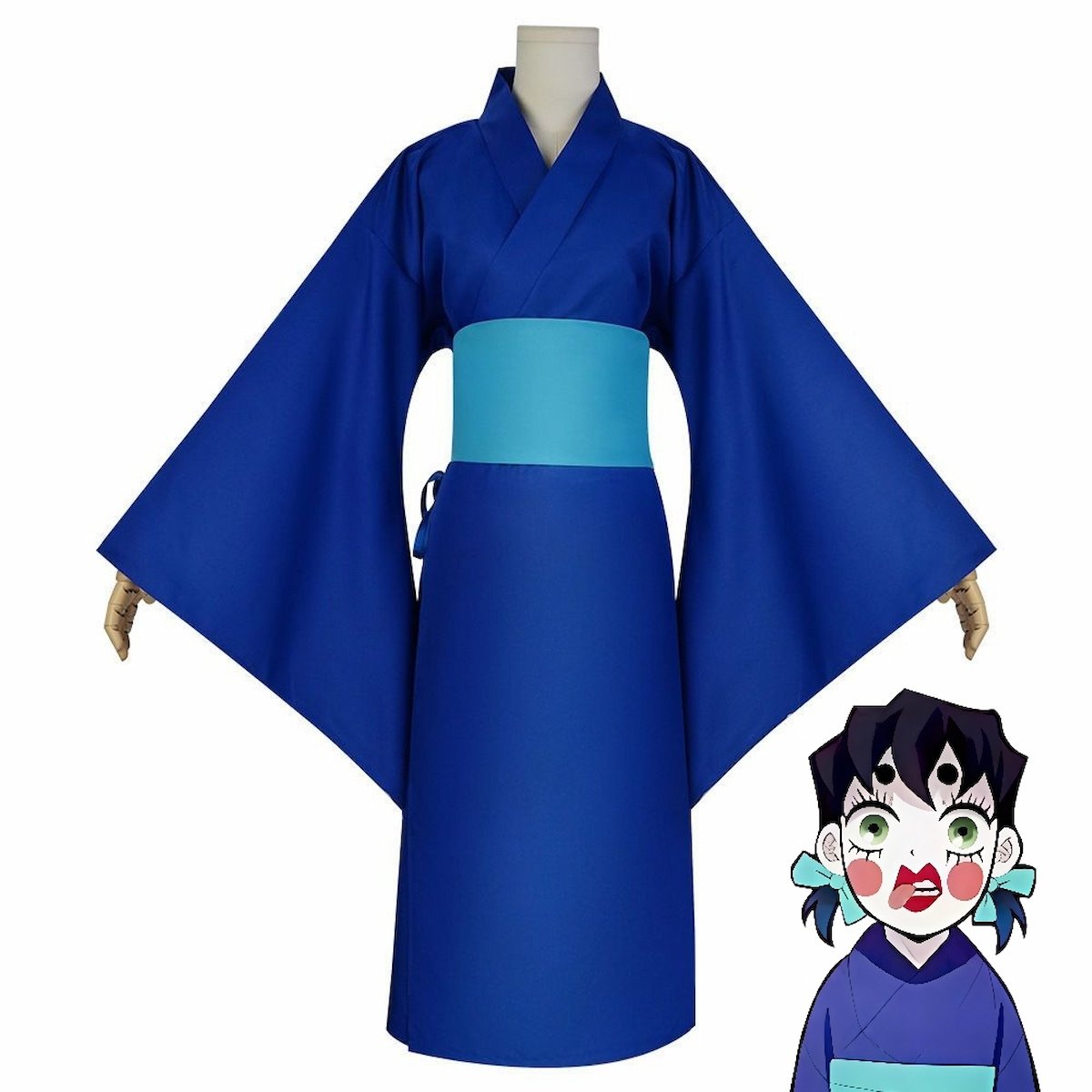 Inosuke Hashibira dark blue oiran cosplay costume full body front view Demon Slayer Kimetsu no Yaiba accurate version plain kimono braids hairstyle anime crossplay traje Inosuke