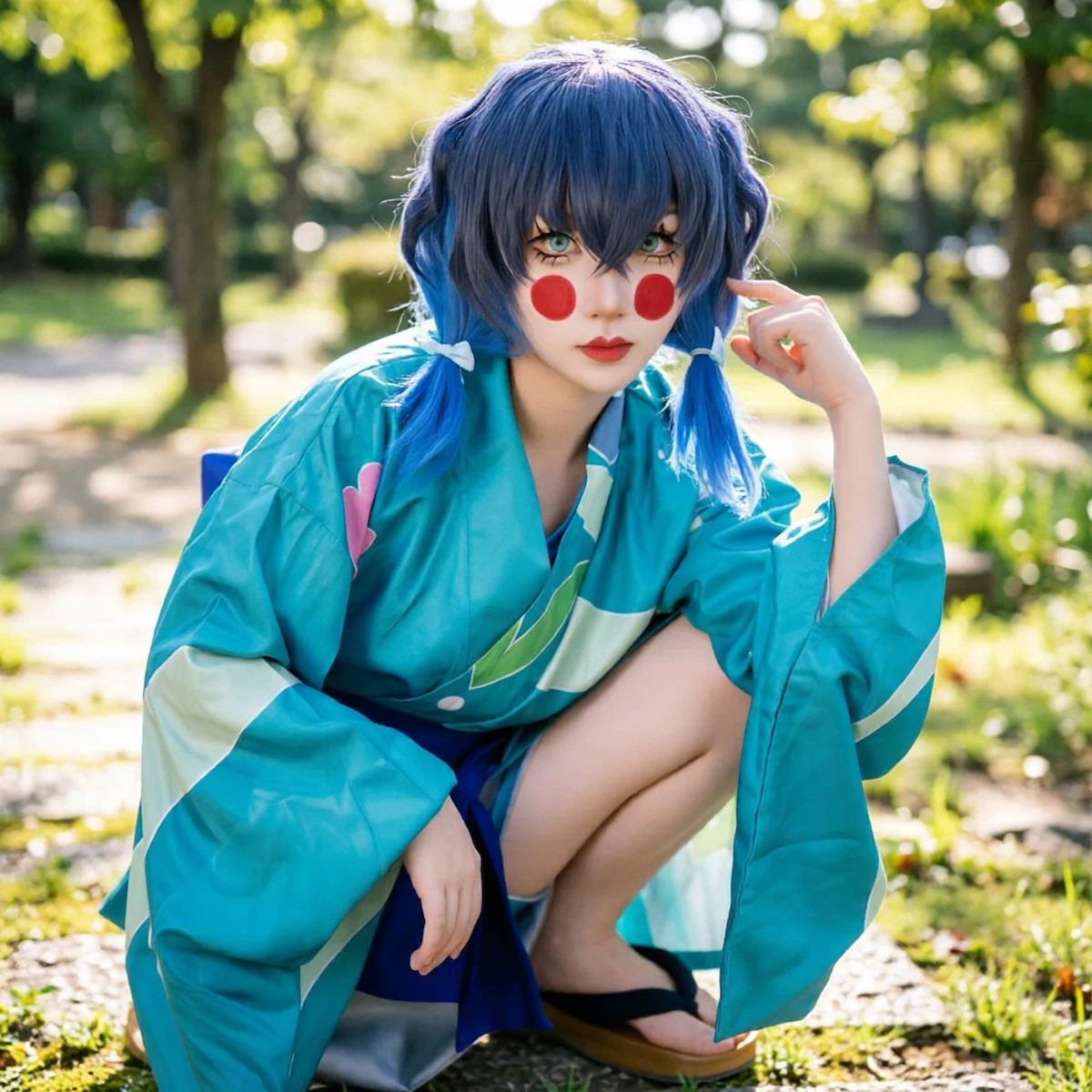 Inosuke Hashibira oiran cosplay cinematic outdoor scene Demon Slayer Kimetsu no Yaiba anime costume funny dramatic traje Inosuke escena