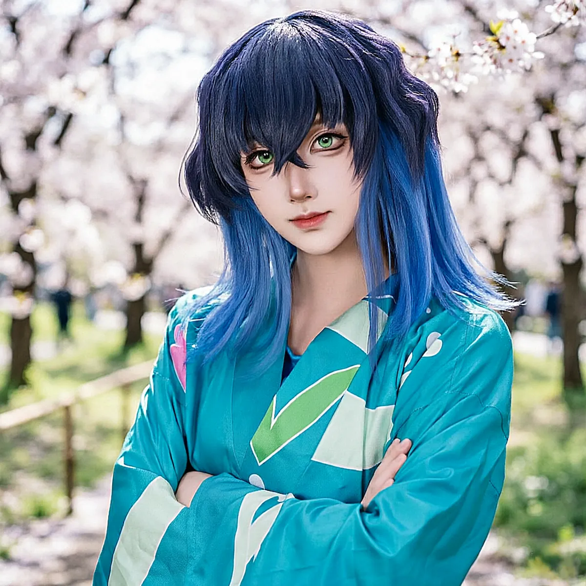 Inosuke Hashibira oiran cosplay outdoor scene Demon Slayer Kimetsu no Yaiba funny anime crossplay costume escena exterior Inosuke