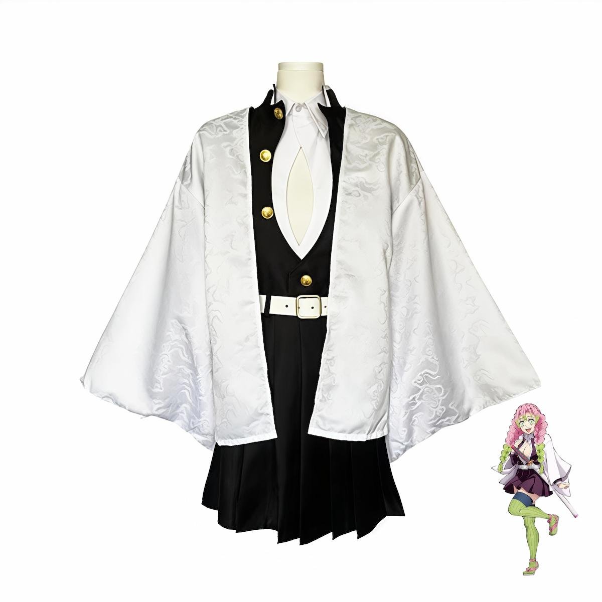 Mitsuri Kanroji cosplay costume full set front view Demon Slayer Kimetsu no Yaiba anime Love Hashira outfit with character reference disfraz cosplay Mitsuri Kanroji vista frontal traje completo Kimetsu no Yaiba Pilar del Amor