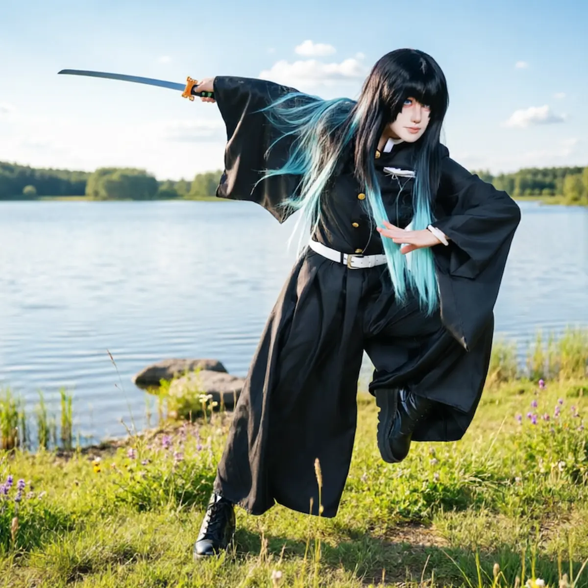 Muichiro Tokito cosplay outdoor photoshoot Demon Slayer anime cosplay traje exterior sesión fotos