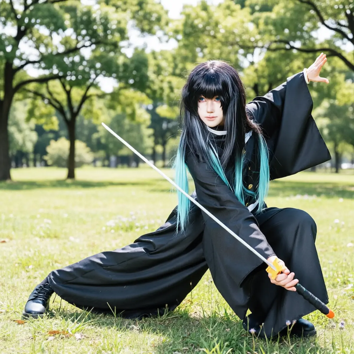 Muichiro Tokito cosplay anime scene outdoor Demon Slayer Mist Hashira cosplay traje escena exterior