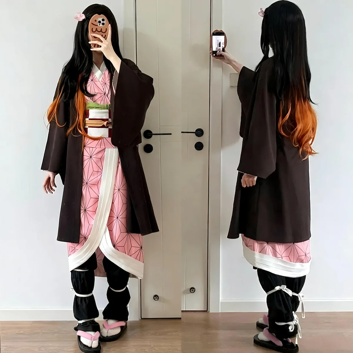Nezuko cosplay indoor photoshoot Demon Slayer Kimetsu no Yaiba anime girl costume scene interior traje Nezuko escenario interior