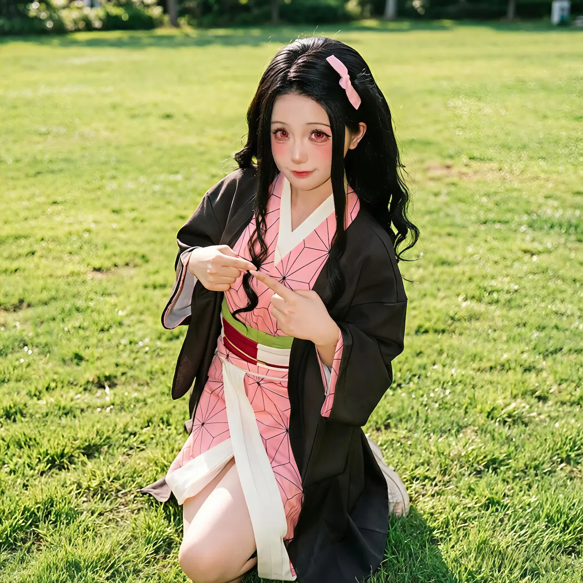 Nezuko cosplay outdoor photoshoot Demon Slayer Kimetsu no Yaiba anime girl costume natural scene traje Nezuko exterior
