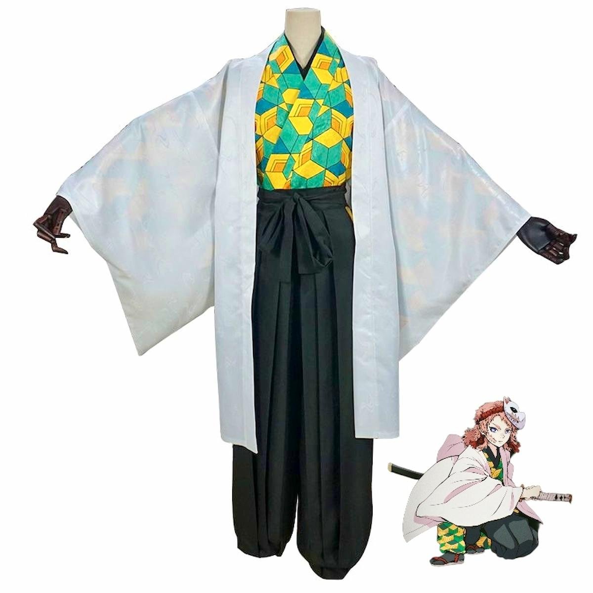 Sabito cosplay costume front full view from Demon Slayer Kimetsu no Yaiba anime with character reference Sabito disfraz cosplay vista frontal Kimetsu no Yaiba traje completo anime