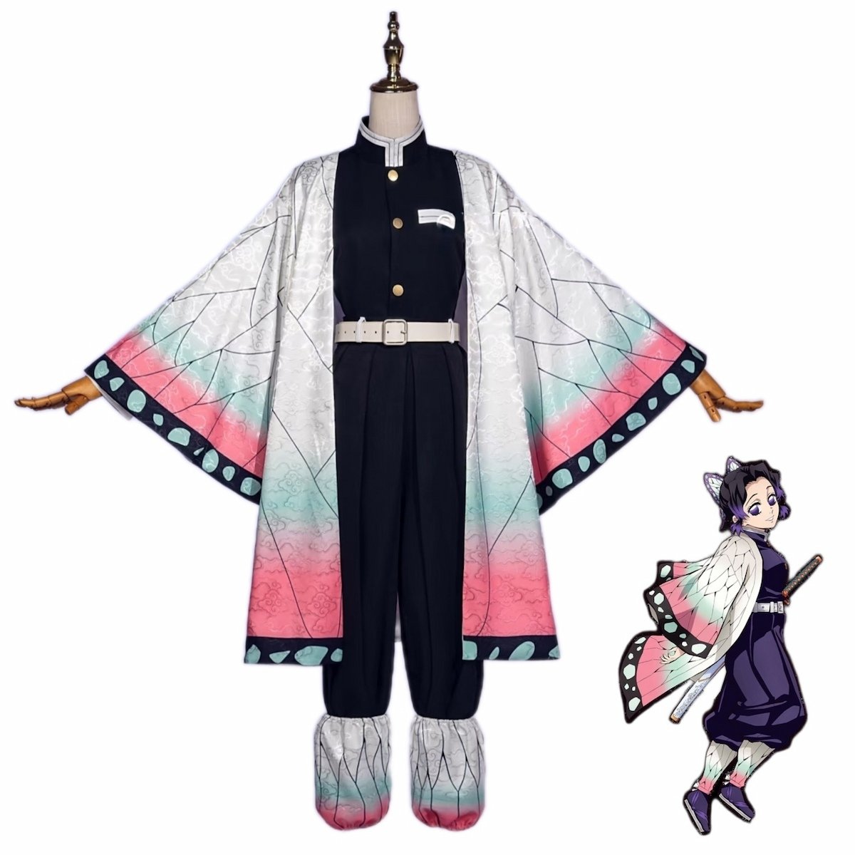Shinobu Kocho cosplay costume full set from Demon Slayer Kimetsu no Yaiba with butterfly haori hidden pattern embroidered kanji Metsu uniform anime cosplay