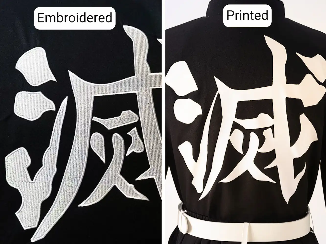 Tanjiro cosplay embroidered kanji vs printed design comparison for Demon Slayer cosplay costume