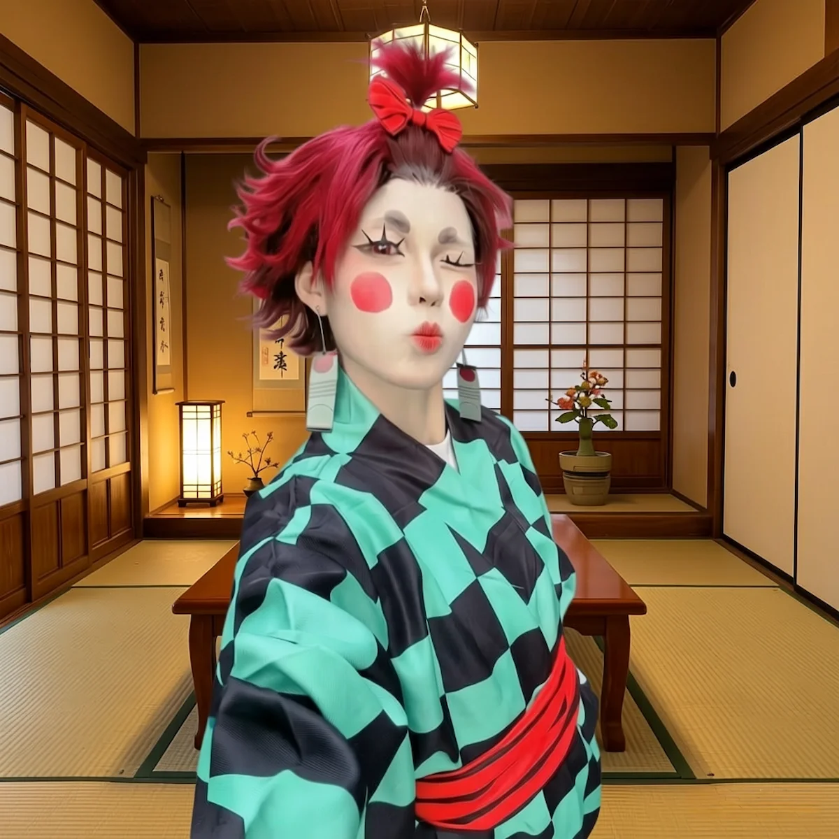 Tanjiro Kamado oiran cosplay cinematic indoor scene Demon Slayer Kimetsu no Yaiba anime costume dramatic traje Tanjiro escena