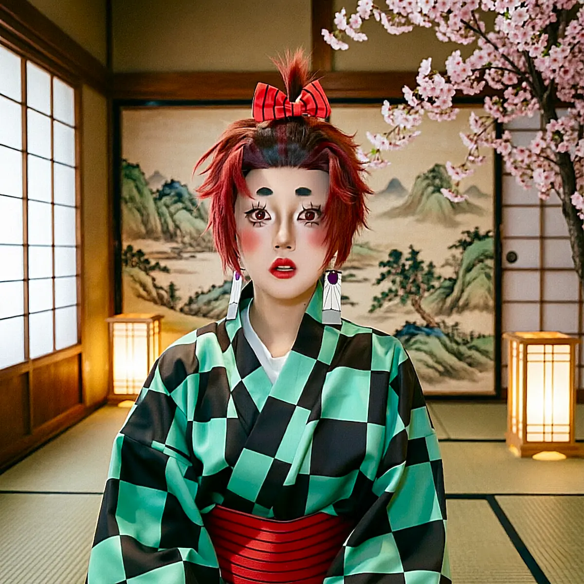 Tanjiro Kamado oiran cosplay indoor scene Demon Slayer Kimetsu no Yaiba entertainment district anime costume escena interior Tanjiro