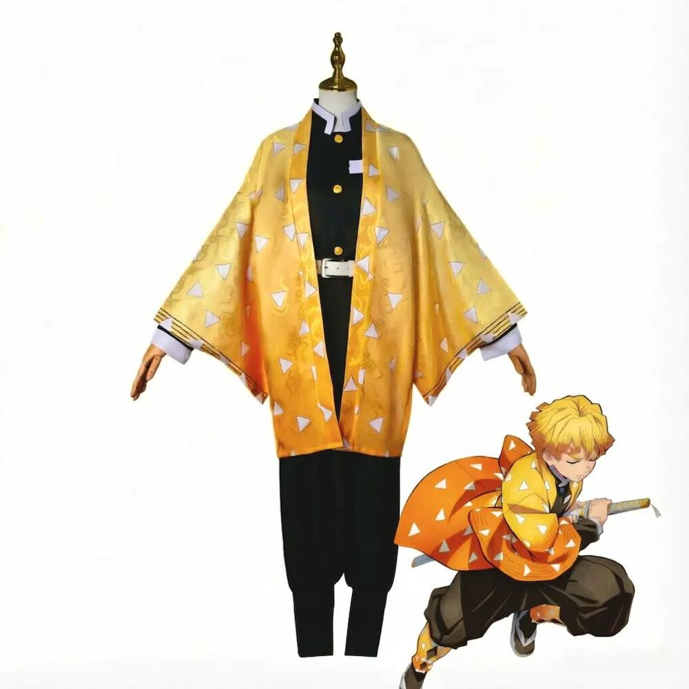Zenitsu Agatsuma cosplay costume front view with haori and Demon Slayer uniform inspired by Kimetsu no Yaiba