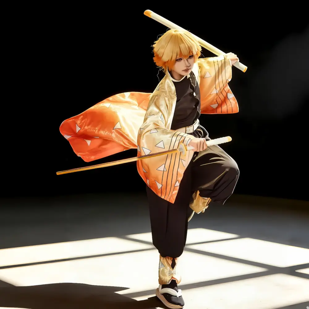 Zenitsu Agatsuma cosplay costume indoor photoshoot inspired by Demon Slayer anime