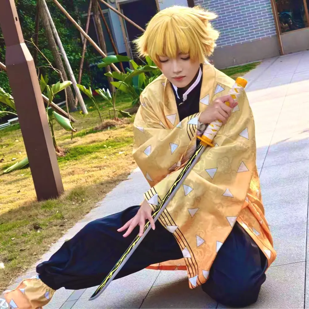 Zenitsu Agatsuma cosplay outdoor scene inspired by Demon Slayer Kimetsu no Yaiba