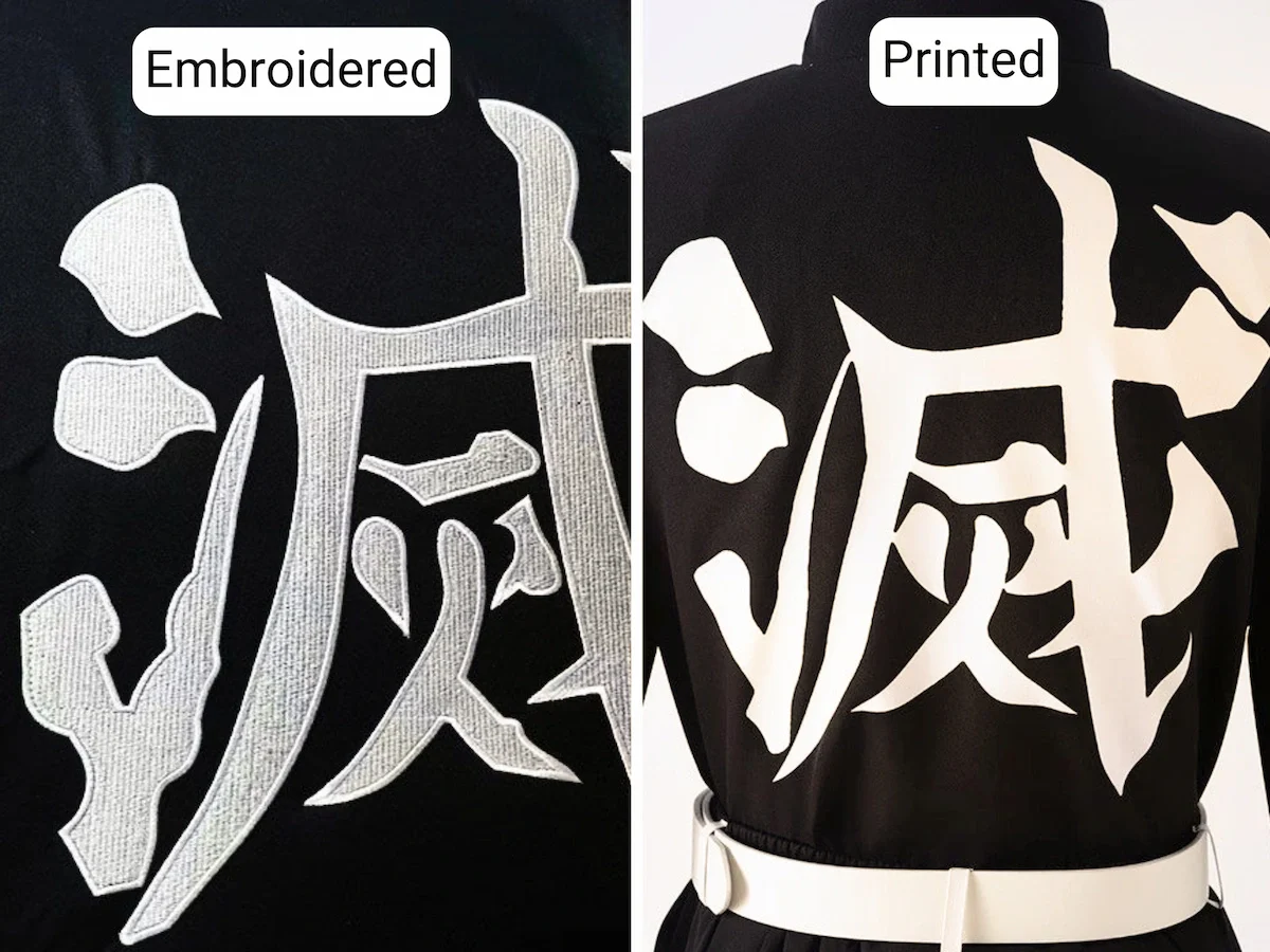 Embroidered back kanji compared to printed design on haori